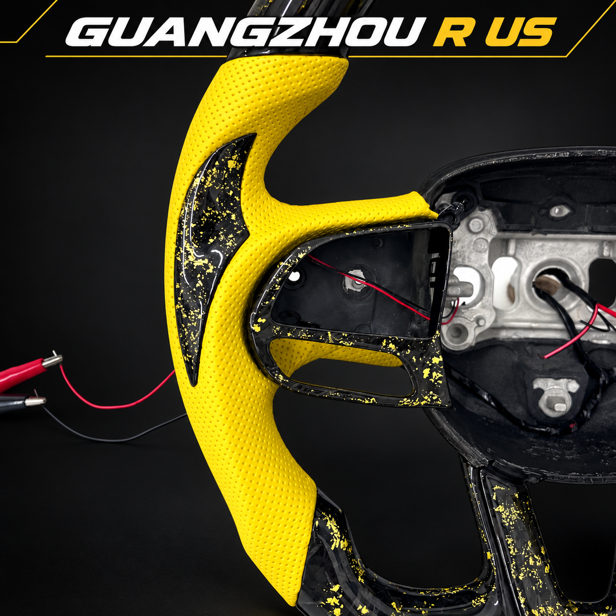 Yellow and black forged-carbon LED steering wheel — grip