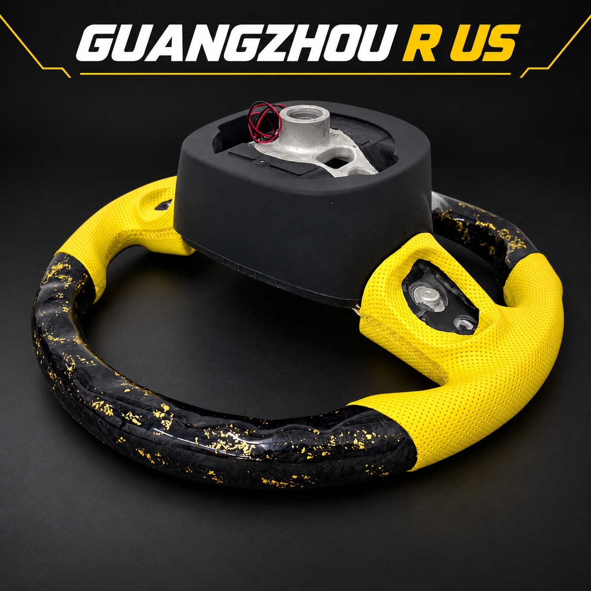 Yellow and black forged-carbon LED steering wheel — rear